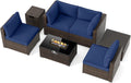 Tangkula 7 Pieces Wicker Patio Furniture Set with 40,000 BTU Gas Fire Pit Table & Propane Tank Cover Table & Glass Top Coffee Table, for Garden, Backyard and Poolside (Navy)