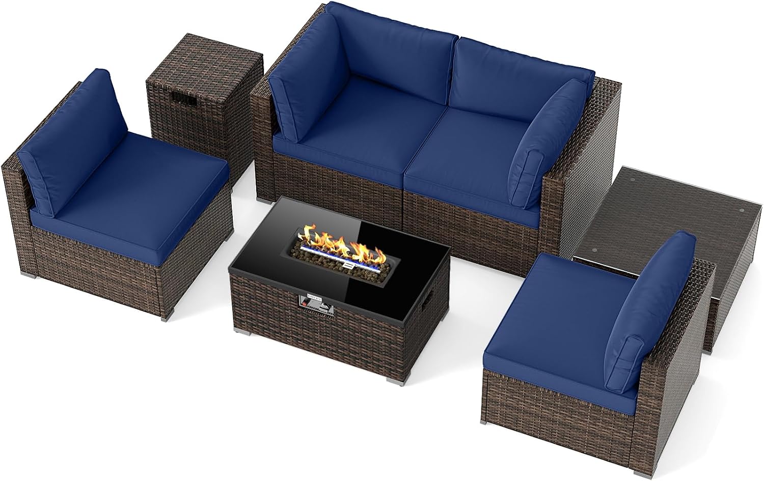 Tangkula 7 Pieces Wicker Patio Furniture Set with 40,000 BTU Gas Fire Pit Table & Propane Tank Cover Table & Glass Top Coffee Table, for Garden, Backyard and Poolside (Navy)