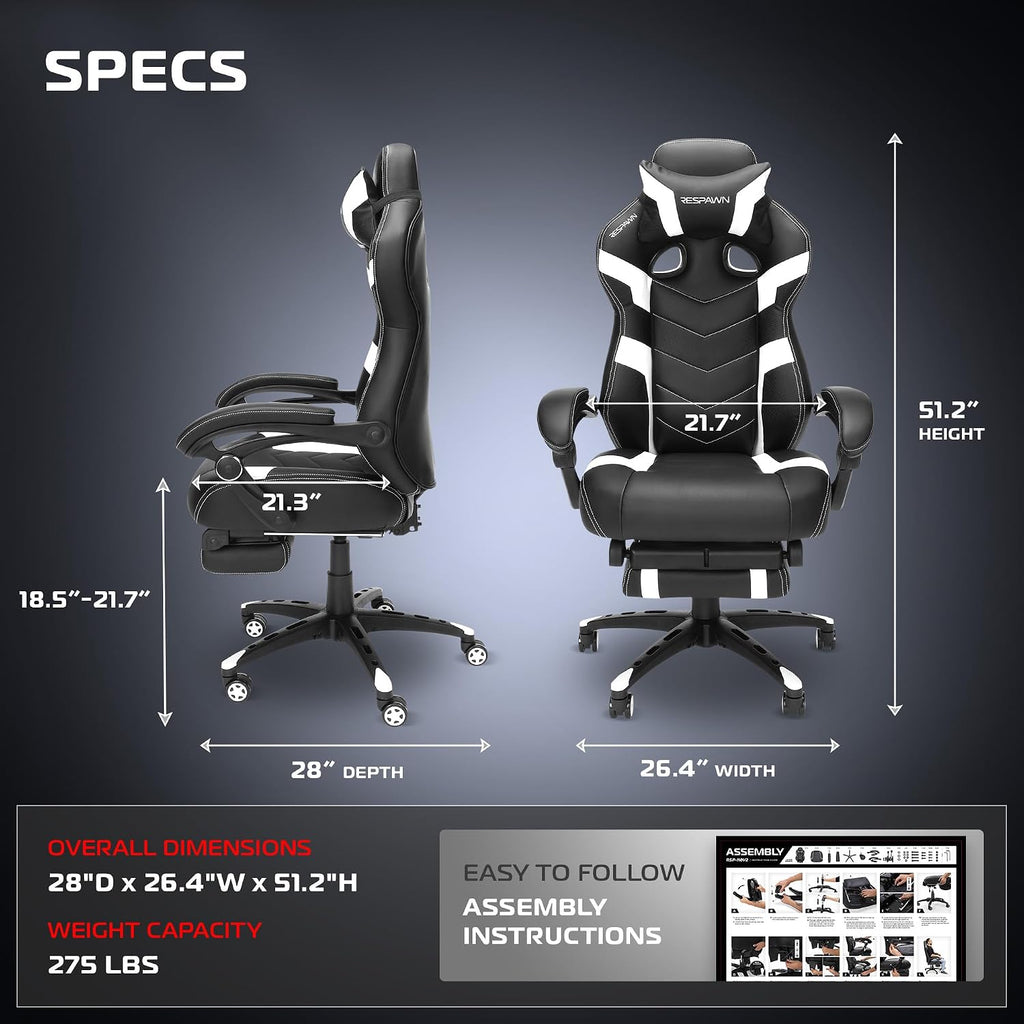 Respawn 110 Pro Ergonomic Gaming Chair with Footrest for Adults - Comfortable Office Gaming Recliner with Lumbar Support and Headrest, Racing Style Video Game Chairs for Computer Gamer - White