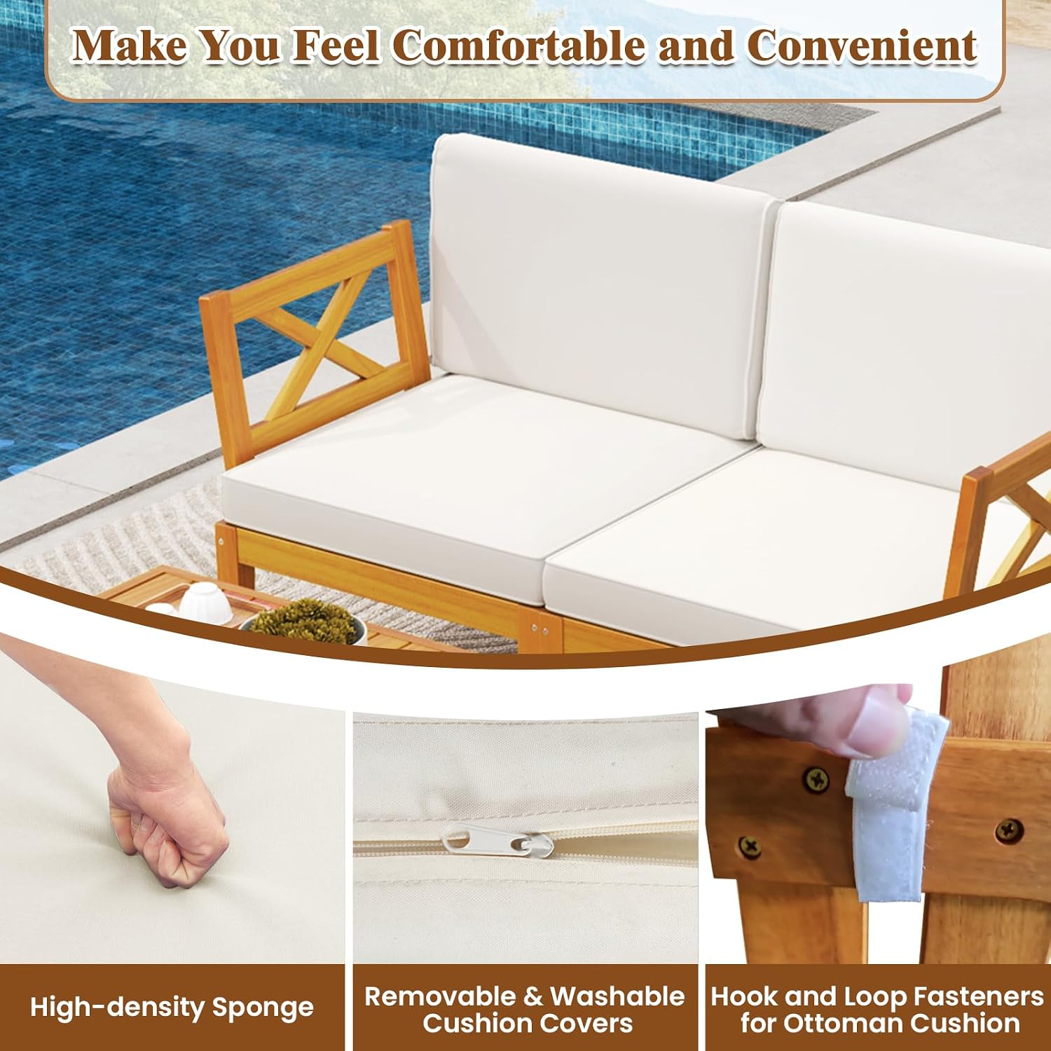 HAPPYGRILL 5 Pieces Acacia Wood Patio Furniture Set, Outdoor Sectional Couch with 2-Tier Coffee Table and Cushions, L Shaped Outdoor Conversation Set for Porch, Garden, Backyard