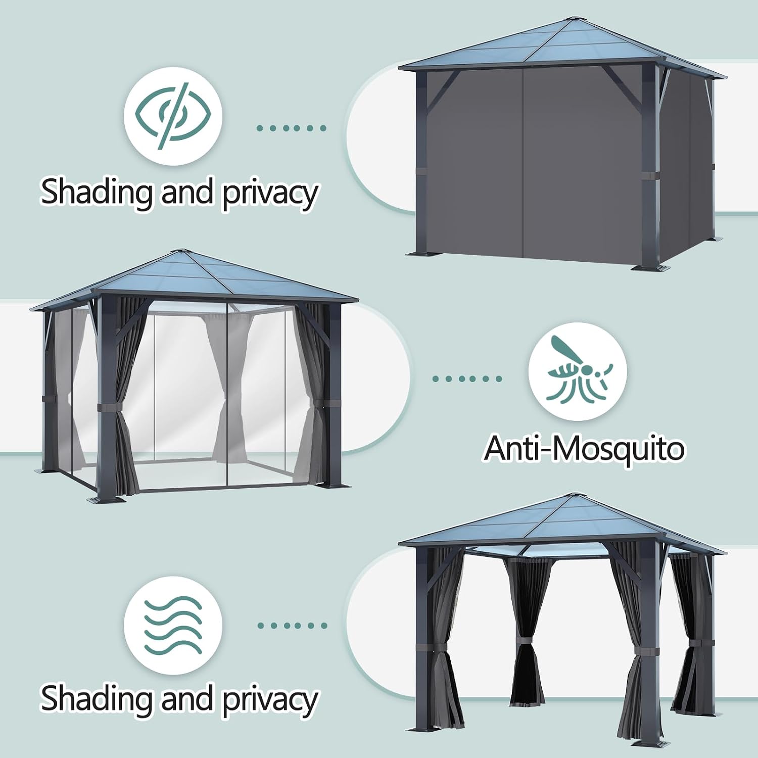 10'x10' Hardtop Gazebo, Outdoor Polycarbonate Roof Gazebo, Heavy Duty Metal Permanent Pavilion with Curtains & Netting for Backyard, Patio, Deck (Polycarbonate Top)