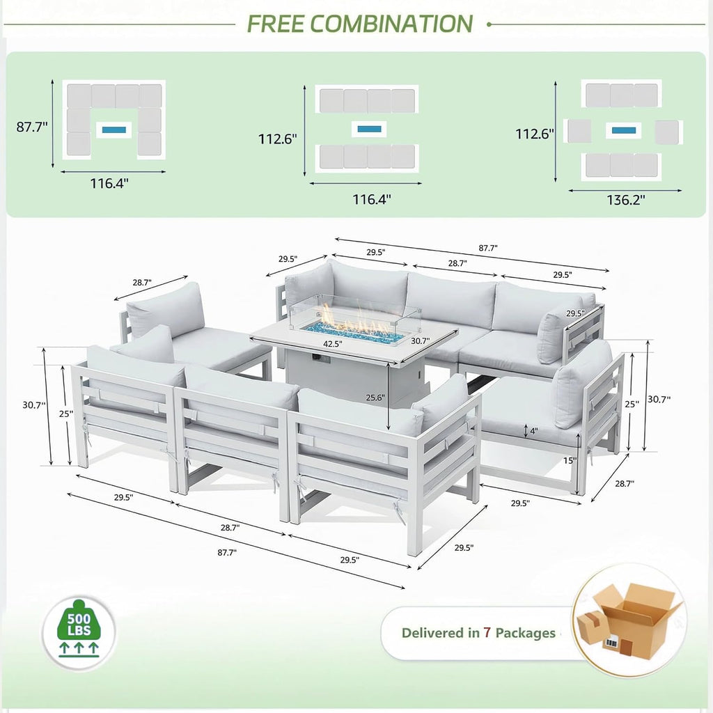RADIATA 9 Piece Luxury Aluminum Outdoor Sectional Sofa with Rectangular Fire Pit Table, Oversized L Shaped Patio Furniture Set, 29' Deep Wide Seat, 500 lbs Heavy Duty Conversation Set for Yard, White