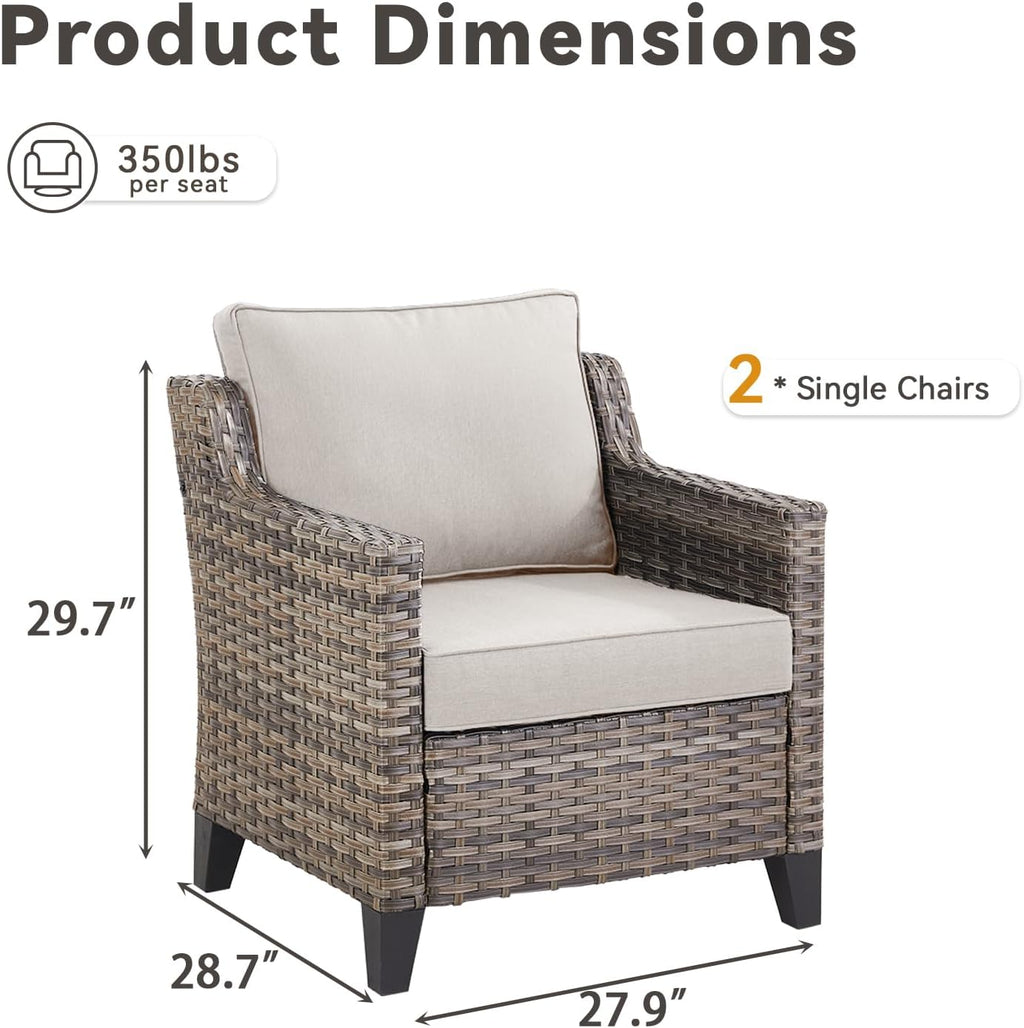 Patio Chairs Set of 2 - All Weather Rattan Wicker Outdoor Chairs with Thickened Cushions for Porch Deck Balcony Garden - Grey/Beige