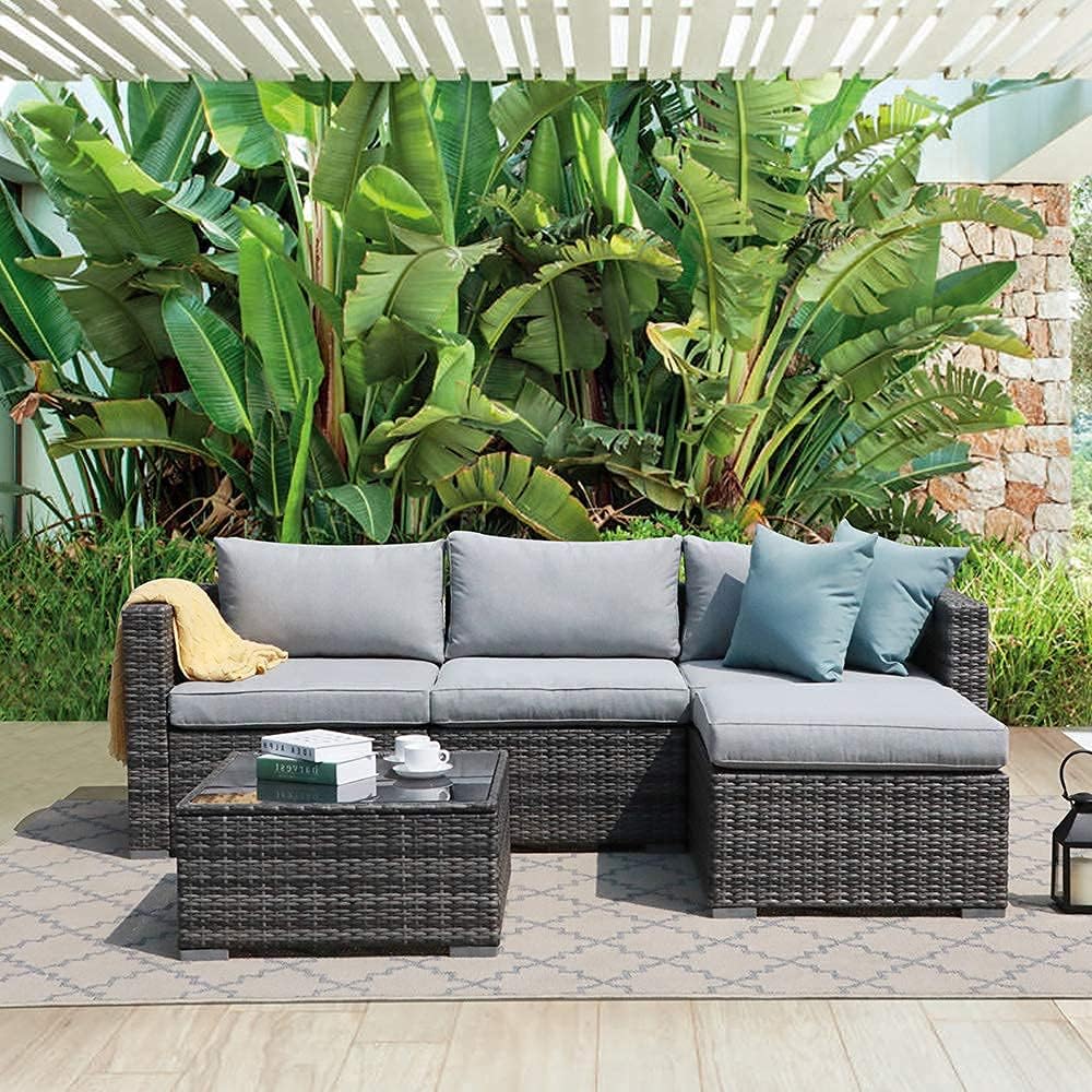 Patiorama 5 Piece Outdoor Patio Furniture Set, Sectional Conversation All-Weather Grey PE Wicker w/Light Cushions, Backyard Porch Garden Poolside Balcony Set