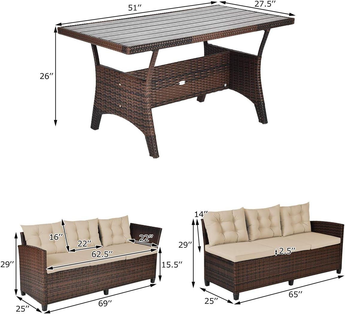 Tangkula Patio Furniture Set, 3 Pieces Outdoor Conversation Set with 6 Cushioned Seat & Coffee Table, Rattan Couch Set for Balcony, Garden, Lawn, Poolside and Backyard (Brown)
