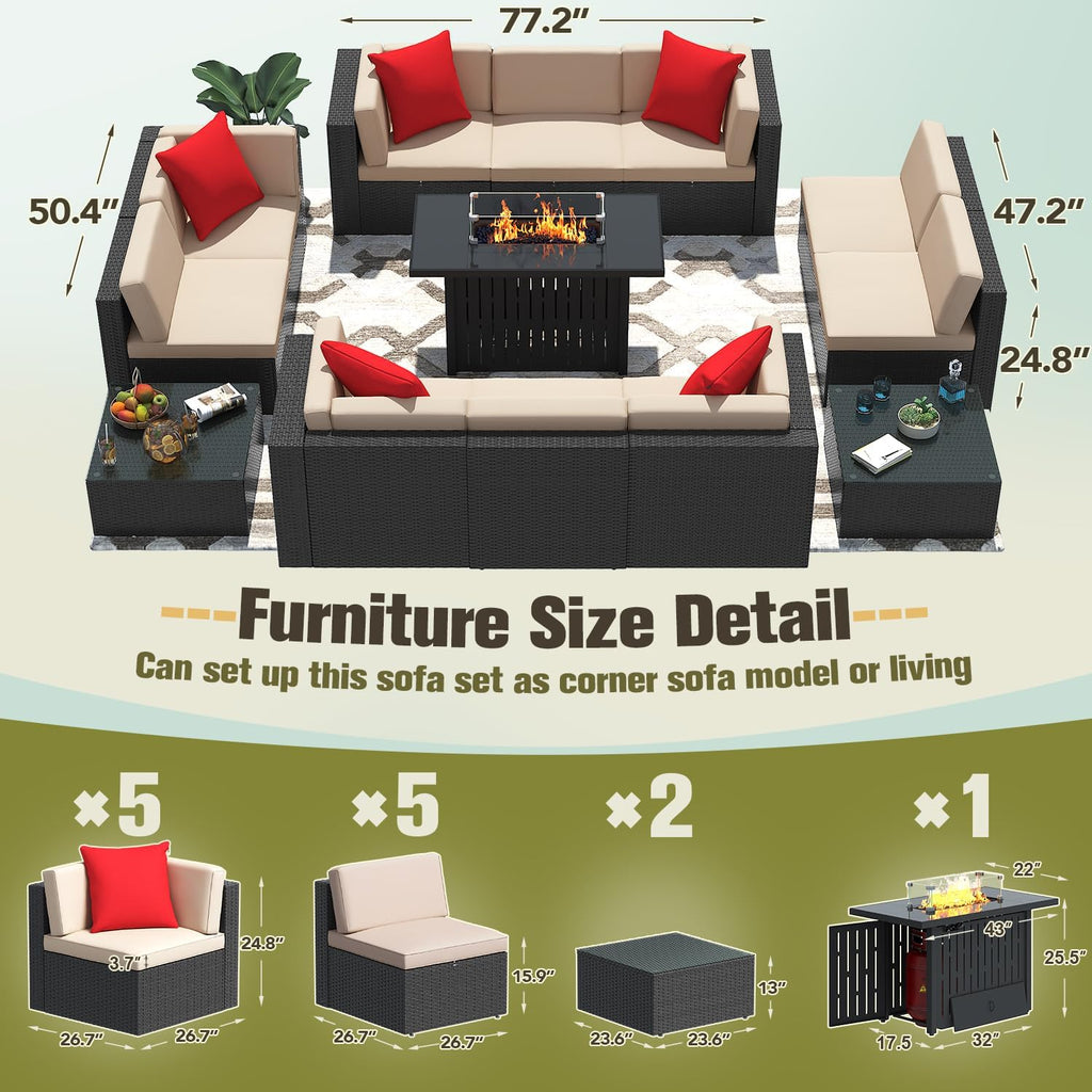 Greesum Patio Furniture Sets 13-Pieces Outdoor PE Rattan Sectional Sofa w/43in Gas Fire Pit Table 55000 BTU Add Warmth to Gatherings Parties On Deck Garden Backyard,Light Beige