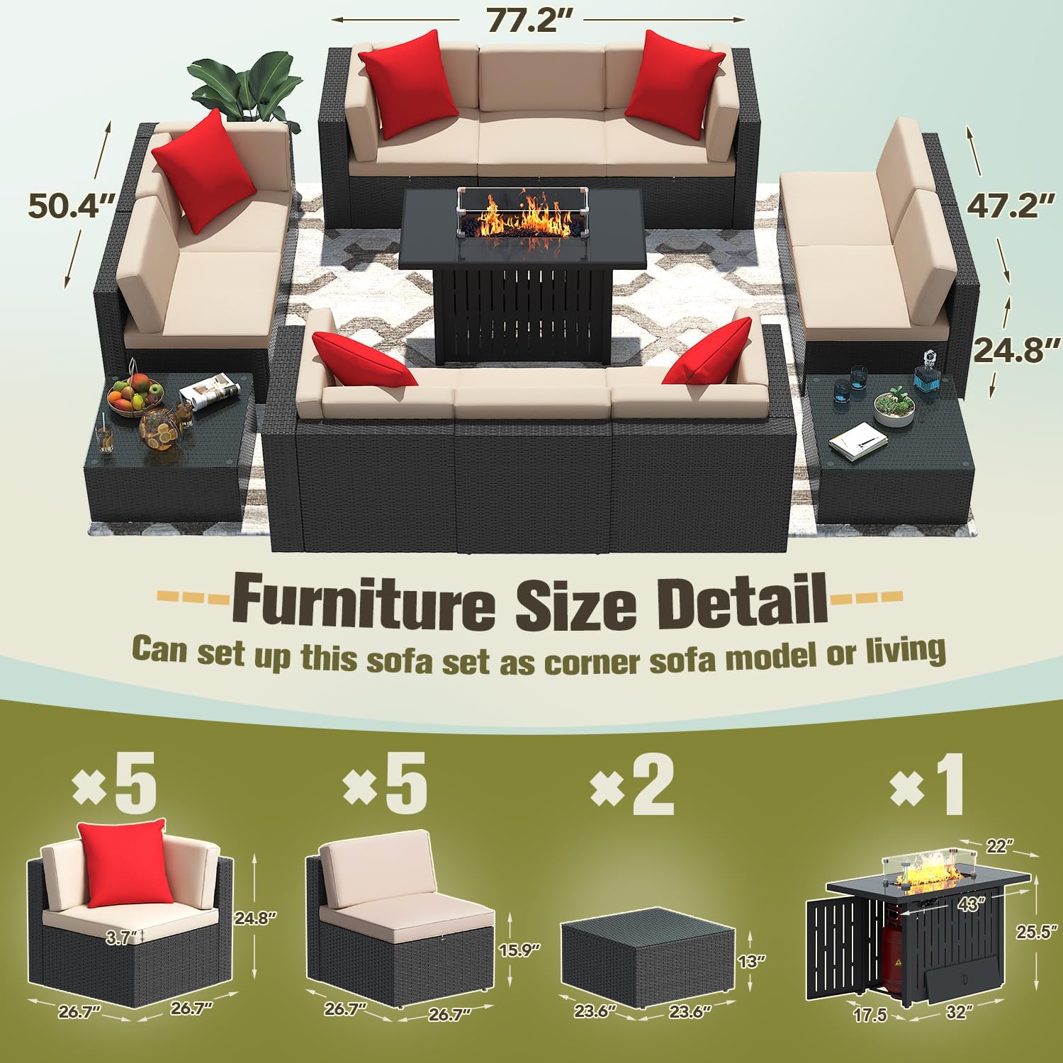 Greesum Patio Furniture Sets 13-Pieces Outdoor PE Rattan Sectional Sofa w/43in Gas Fire Pit Table 55000 BTU Add Warmth to Gatherings Parties On Deck Garden Backyard,Light Beige