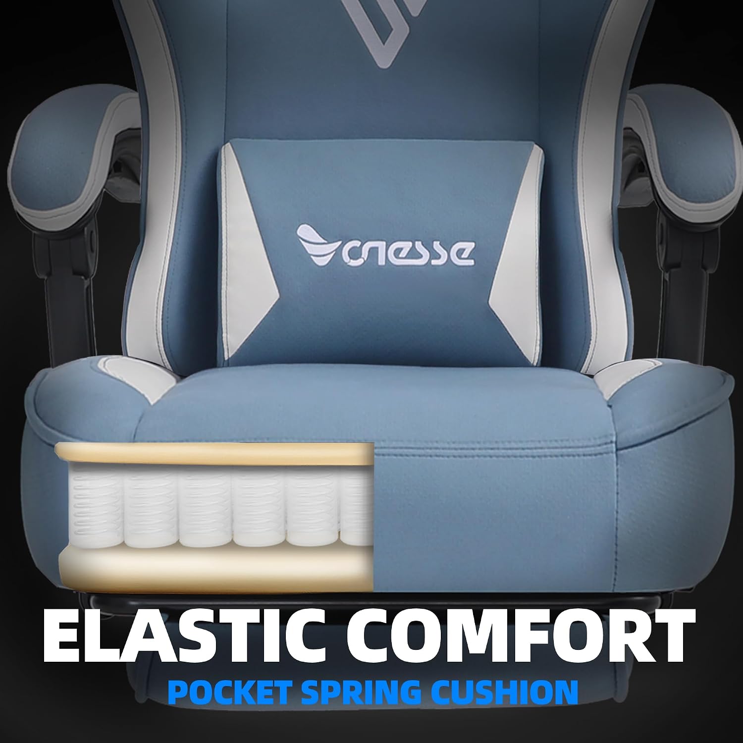 Vonesse Gaming Chair, Computer Chair Fabric with Pocket Spring Cushion, Office Chair with Footrest and Massage Lumbar Support, Reclining Gaming Chairs for Adults 250LBS (Blue)