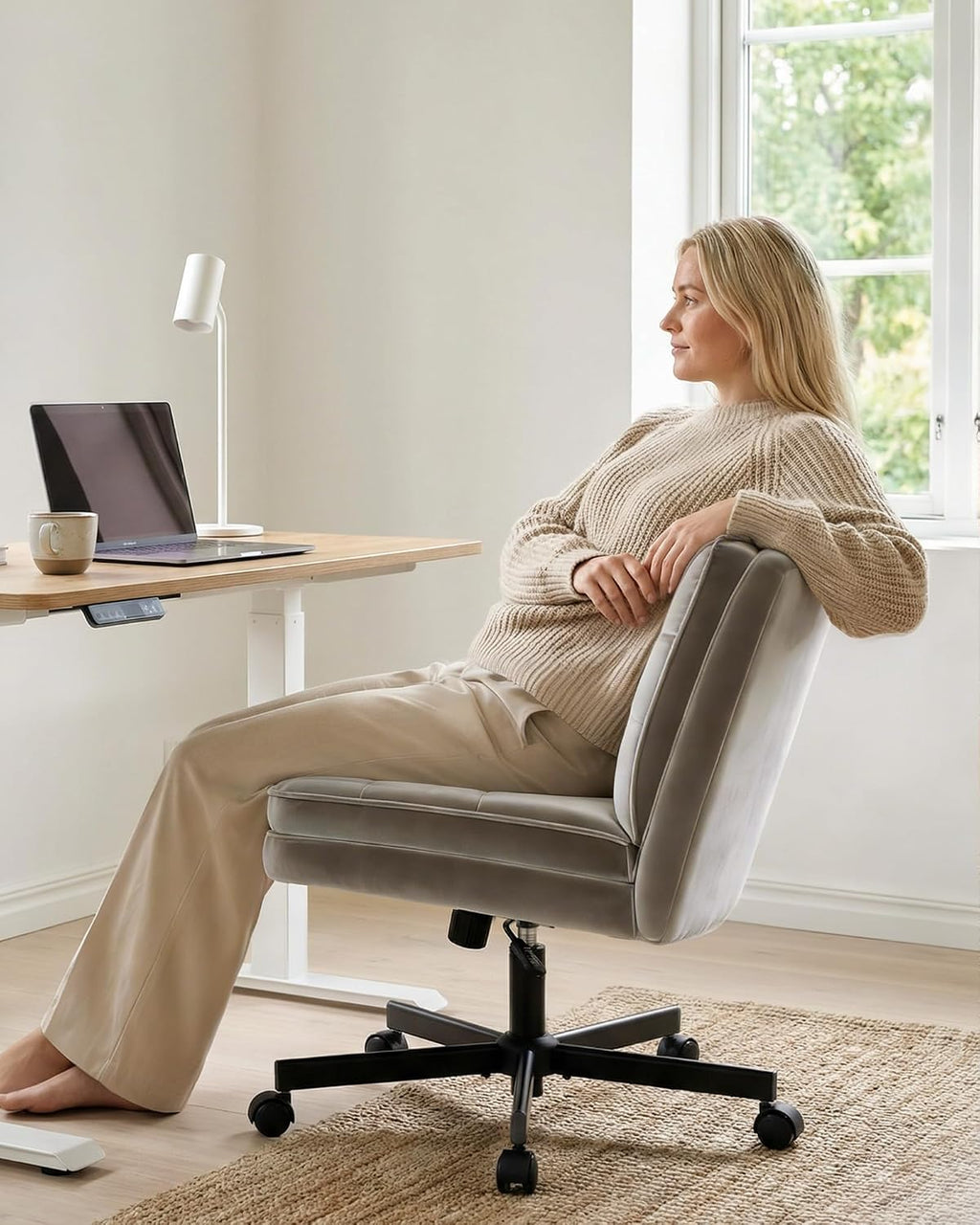 COMHOMA Cross Legged Office Chair with Wheels Armless-Office Desk Chair, Modern Vanity Computer Task Chairs for Home Bedroom, Comfortable Wide Seat for Lower Back Pain Relief, Soft Velvet, Gray