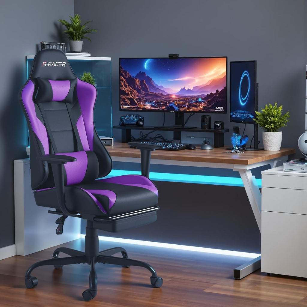 Homall Gaming Chairs, Computer Chair with Footrest and Massage Lumbar Support, Height Adjustable Game Chair with Headrest and Swivel Seat (Purple)