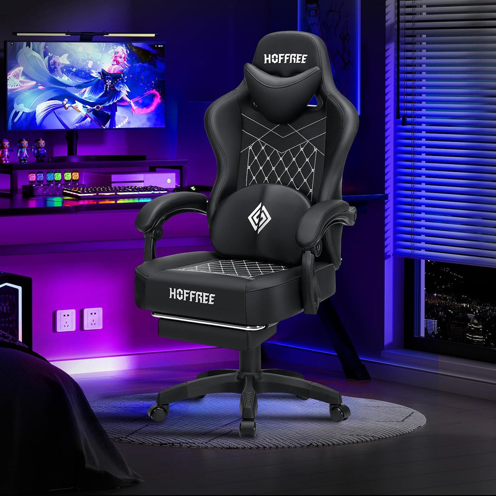 HOFFREE Gaming Chair Computer Chair with Speakers Massage Game Chairs with Footrest Bluetooth High Back Ergonomic Computer Gaming Chairs for Adults Reclining Video Gamer Chair Black