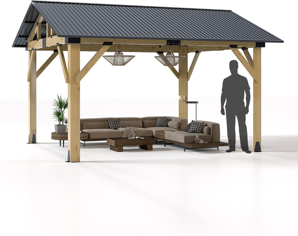 11'x13' Wood Gazebo, Outdoor Hardtop Gazebo, Cedar Frame Wooden Gazebos with Waterproof Steel Roof, Fit Patio, Backyard, Garden, Lawns, Porch