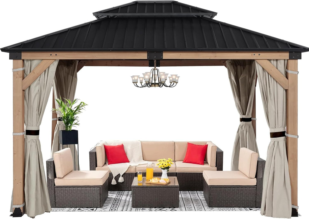 FAB BASED 10x12FT Hardtop Wood Gazebo, Natural Solid Cedar Frame Gazebo with 2-Tier Vented Roof, Outdoor Metal Canopy Pavilion with Netting & Curtains for Deck, Garden, Backyard, Lawn