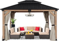 FAB BASED 10x12FT Hardtop Wood Gazebo, Natural Solid Cedar Frame Gazebo with 2-Tier Vented Roof, Outdoor Metal Canopy Pavilion with Netting & Curtains for Deck, Garden, Backyard, Lawn