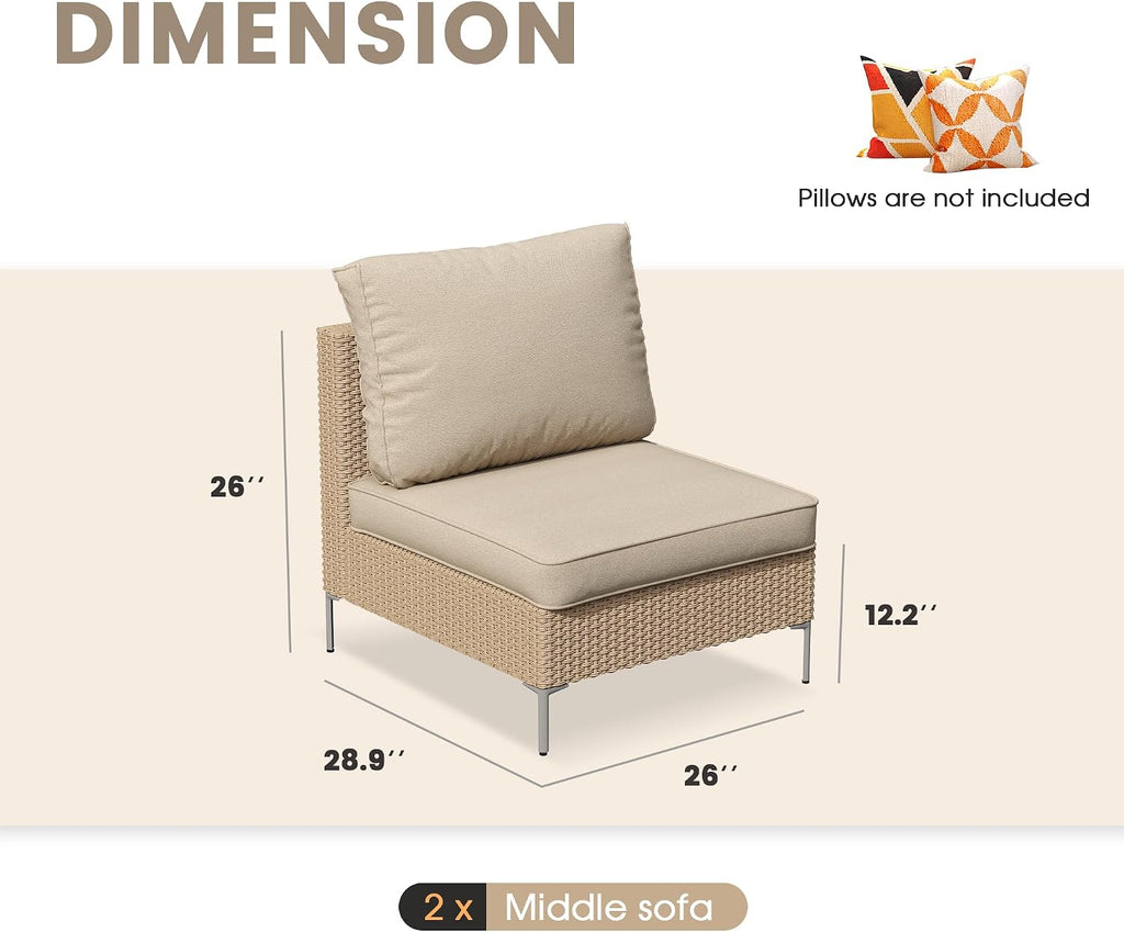 VICLLAX 2 Pieces Wicker Patio Furniture Set, Outdoor Conversation Set of 2 Armless Wicker Sofas with Cushions for Deck, Backyard, Garden, Oak Rattan