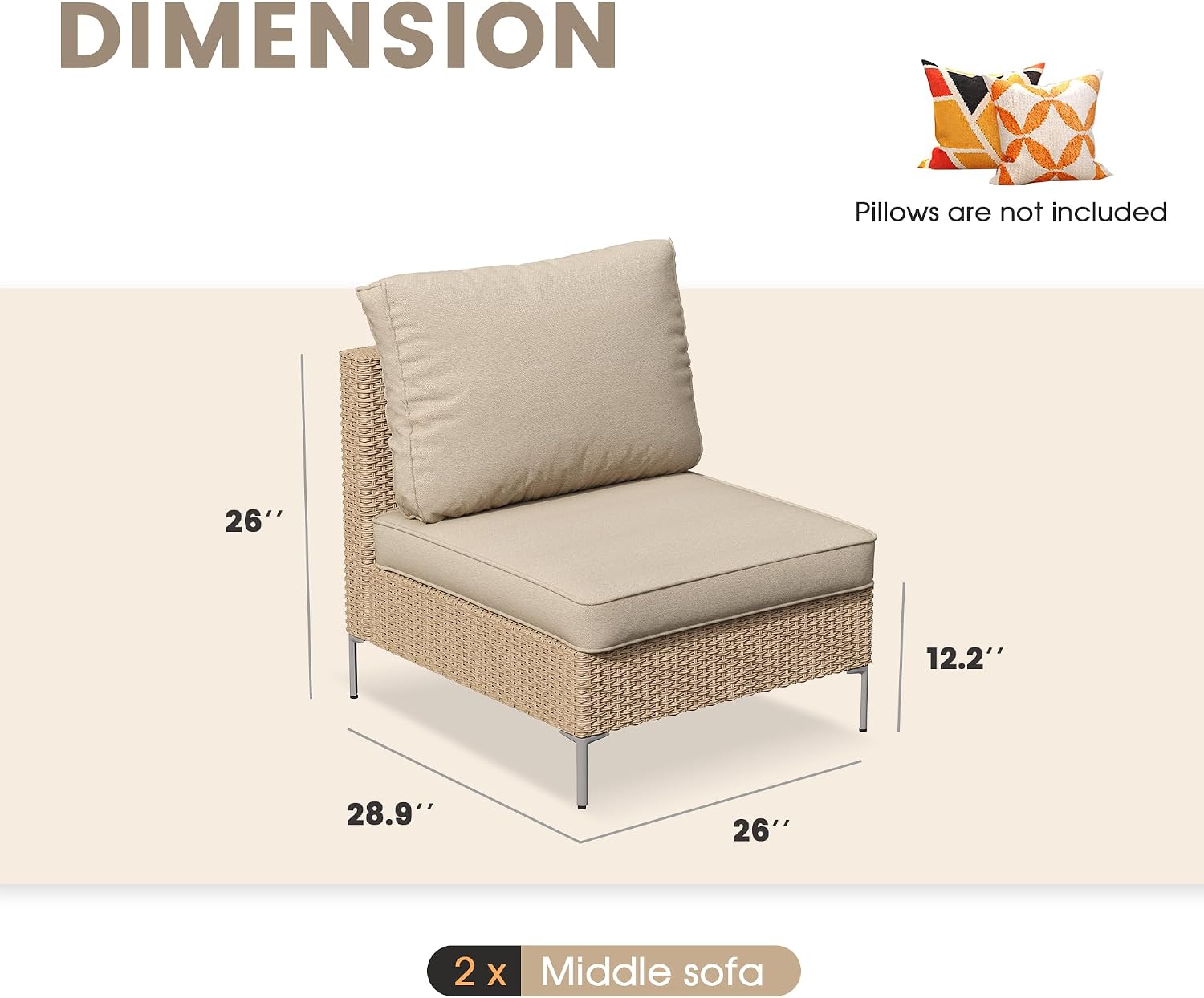 VICLLAX 2 Pieces Wicker Patio Furniture Set, Outdoor Conversation Set of 2 Armless Wicker Sofas with Cushions for Deck, Backyard, Garden, Oak Rattan