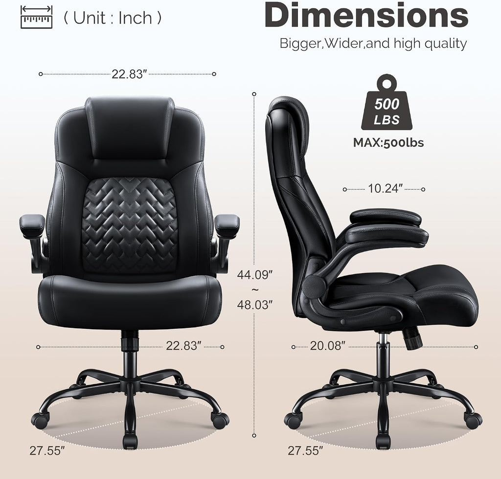 Furmax Big and Tall Office Chair 500lbs, Heavy Duty Office Chairs, Ergonomic High Back Desk Chair, Adjustable Flip Up Armrest Executive Chair Made of PU Leather, Computer Chair for Gaming Desk (Black)