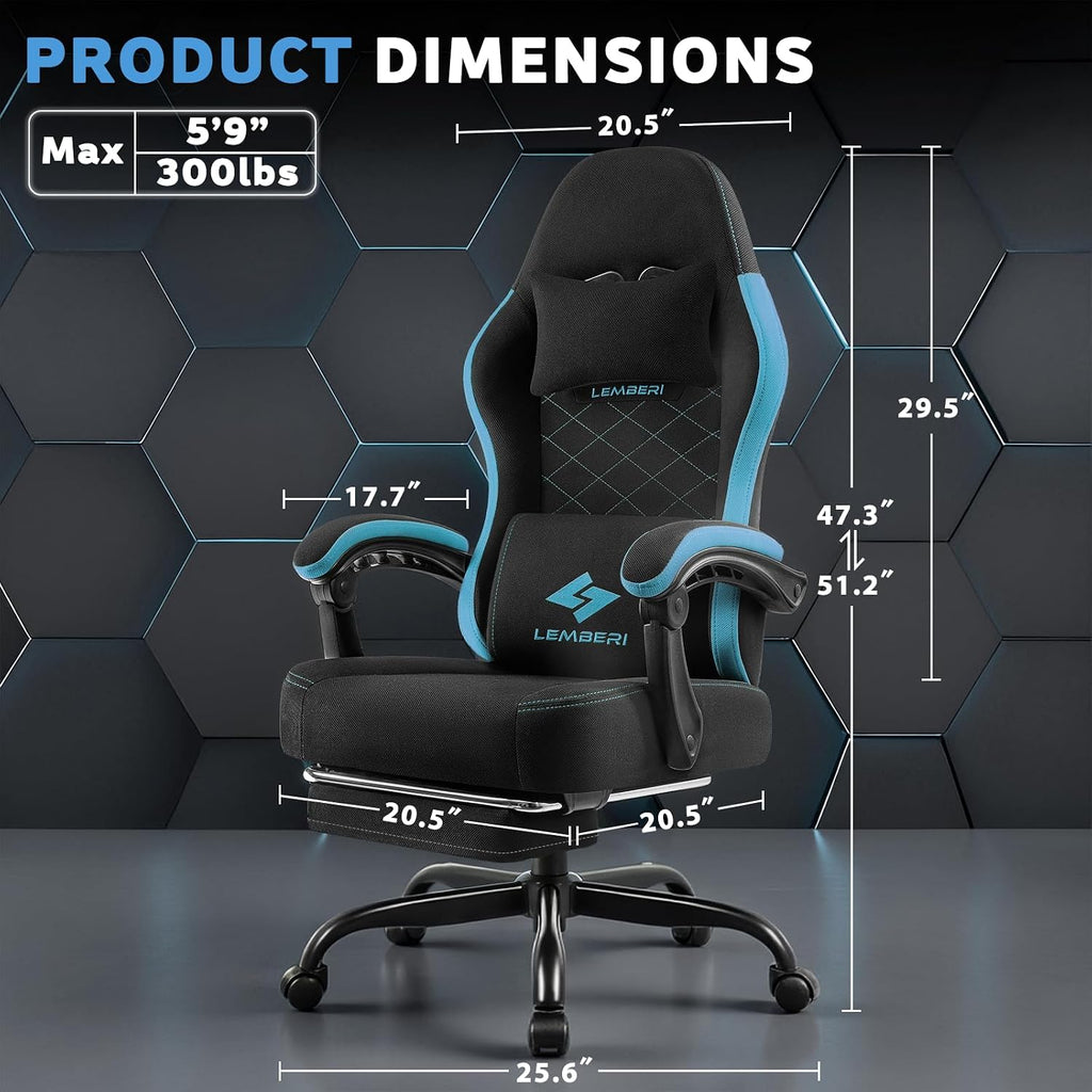 LEMBERI Gaming Chair, Fabric Big and Tall Video Game Chairs with Footrest, Massage Lumbar Support, Racing Style Ergonomic Computer Gamer Chair with Adjustable Headrest (Blue)