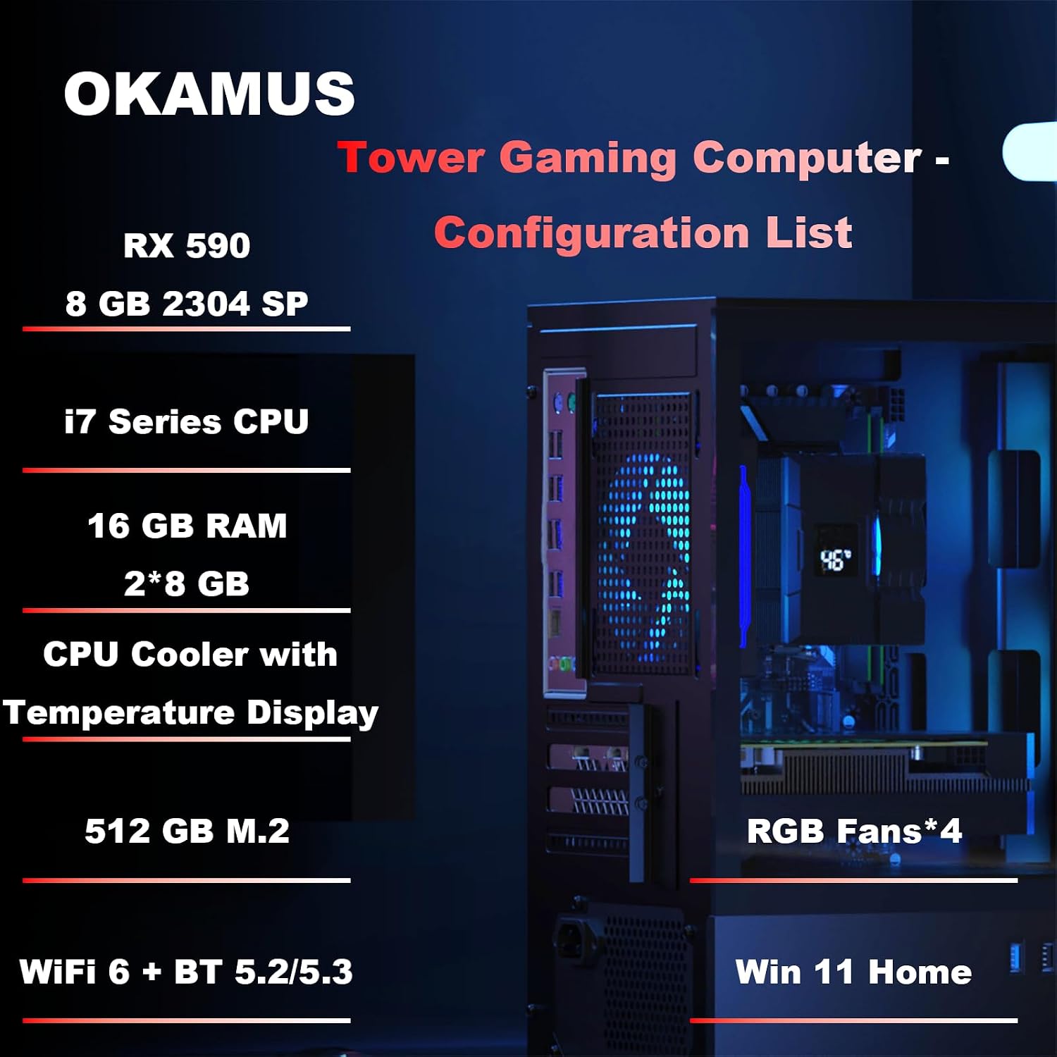 Gaming PC, i7 CPU Up to 4.0GHz, RX 590 2304 SP 8GB DDR5 Graphics Card, 512 GB M.2, 16 GB RAM Pre-Built Computer, ARGB Fans x 4, Win 11 Home，WiFi 6 + BT 5.3, 550W PSU (RX 590+512GB+16GB)