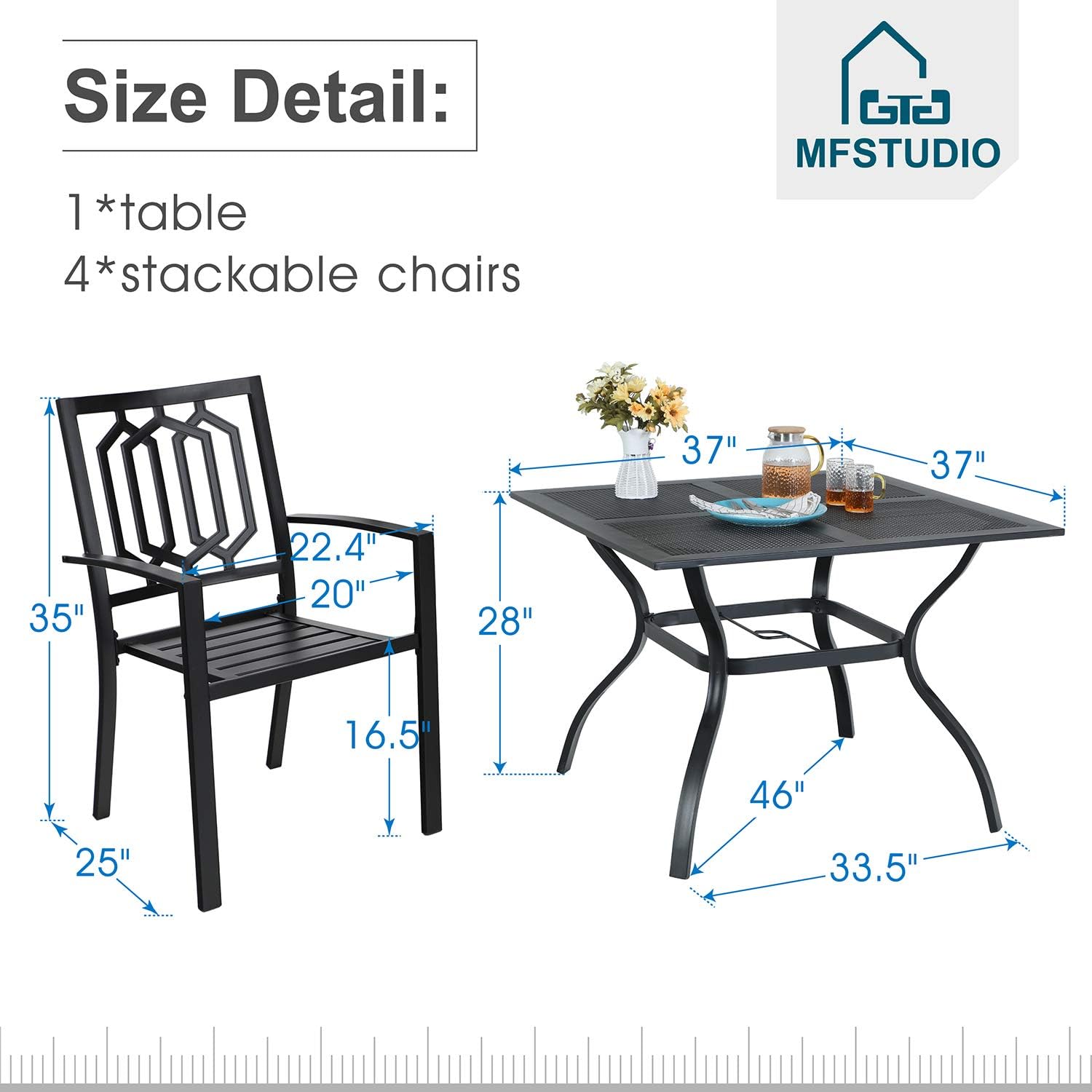 MFSTUDIO Patio Dining Set for 4, Outdoor Table and Chairs Set with Umbrella Hole, 5 Piece Metal Patio Furniture Set for Deck, Backyard, Poolside & Garden