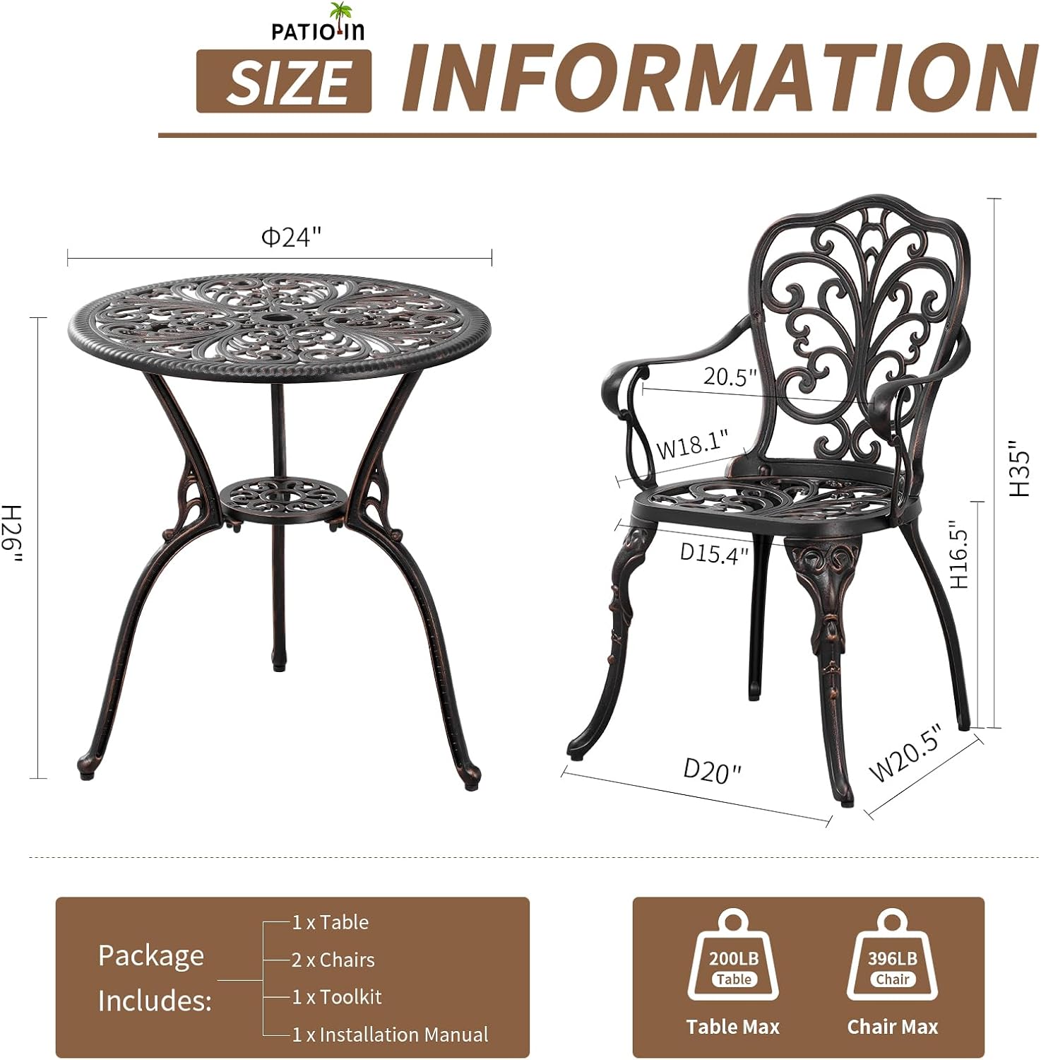 3 Piece Cast Aluminum Bistro Set, Bronze Bistro Table and Chairs Set of 2, 3 Piece Patio Furniture Set with 1.97' Umbrella Hole for Backyard, Balcony, Deck