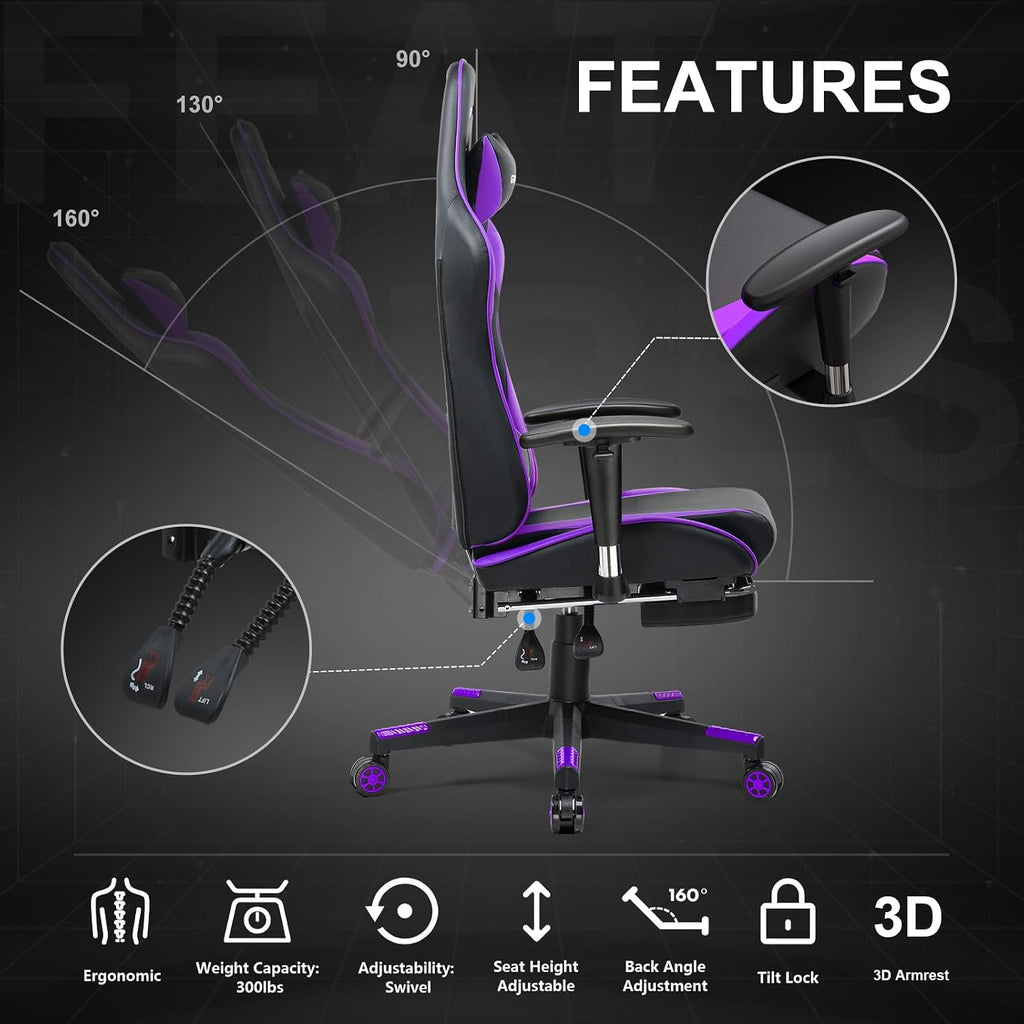 GTPLAYER Gaming Chair with Footrest, Ergonomic Computer Game Desk Chair, Recline Gaming Chair Seat Height Adjustment, Swivel Rocker with Headrest and Lumbar (Purple)