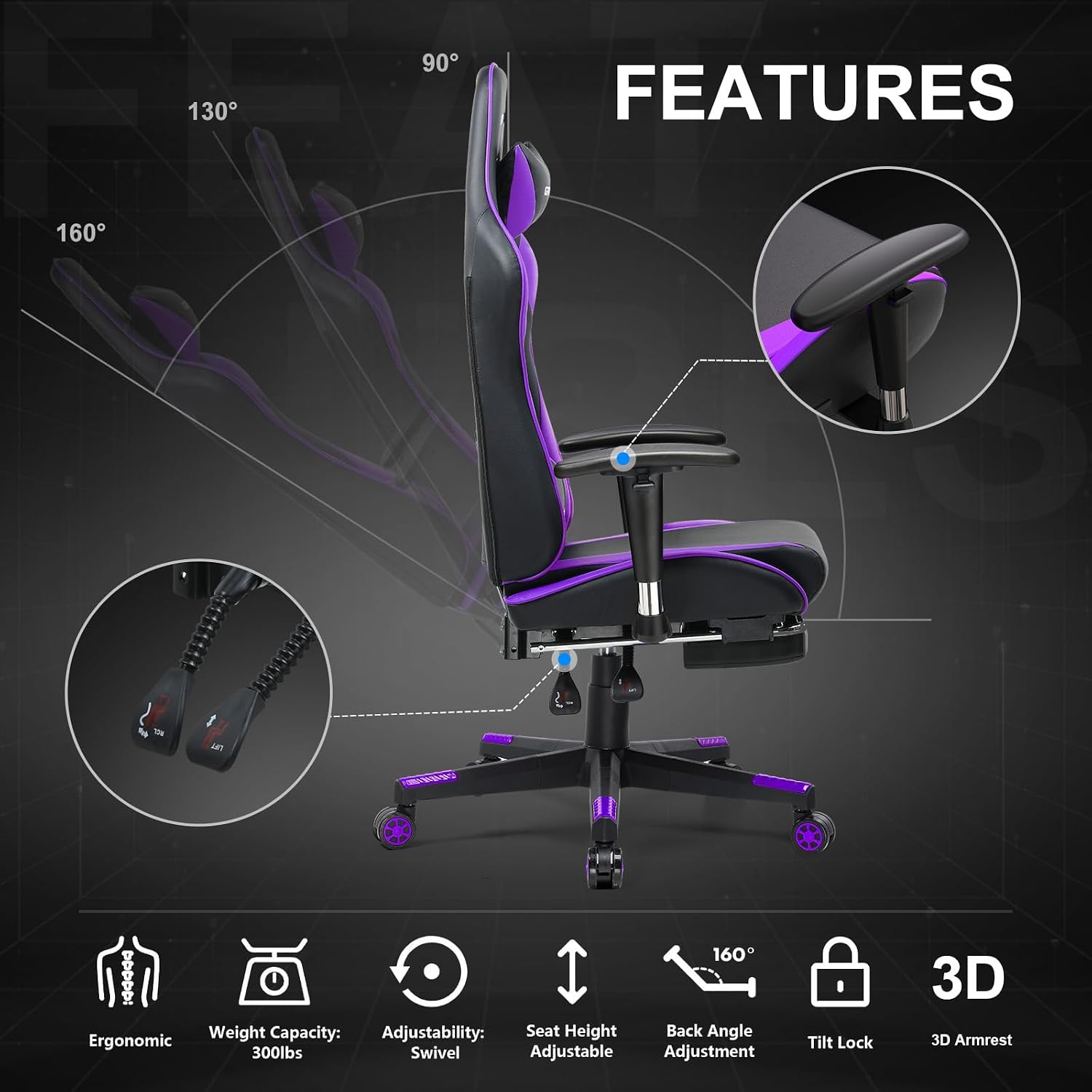 GTPLAYER Gaming Chair with Footrest, Ergonomic Computer Game Desk Chair, Recline Gaming Chair Seat Height Adjustment, Swivel Rocker with Headrest and Lumbar (Purple)