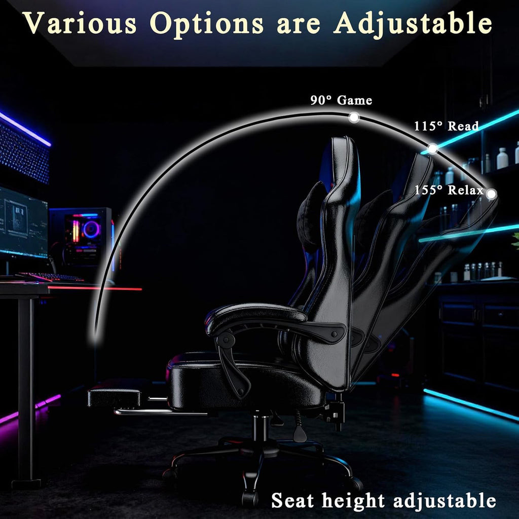 Video Game Chair for Adults, Massage Gaming Chair with Footrest, Adjustable Lumbar Pillow Gamer Chair for Kids, Comfortable Computer Chair with Leg Rest