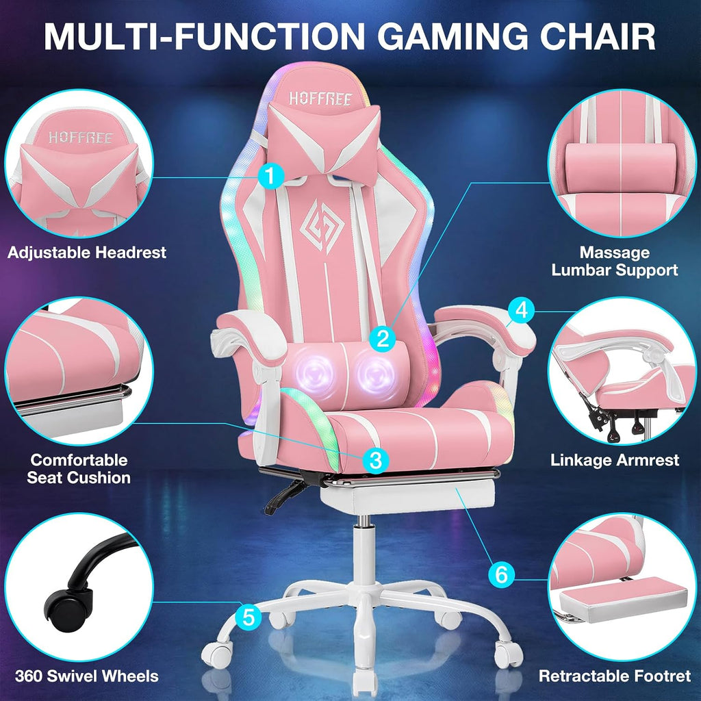 RGB Gaming Chair with Massage and LED Lights Ergonomic Computer Chair with Footrest High Back Reclining Video Game Chair with Adjustable Lumbar Support Light Pink and White