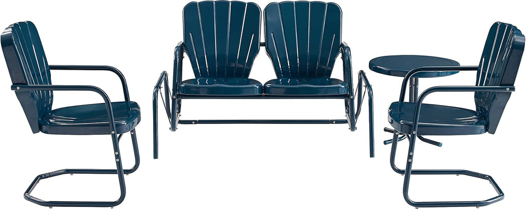 Crosley Furniture Ridgeland 4-Piece Retro Metal Outdoor Loveseat Glider Patio Furniture Set for Porch, Deck, Navy Gloss