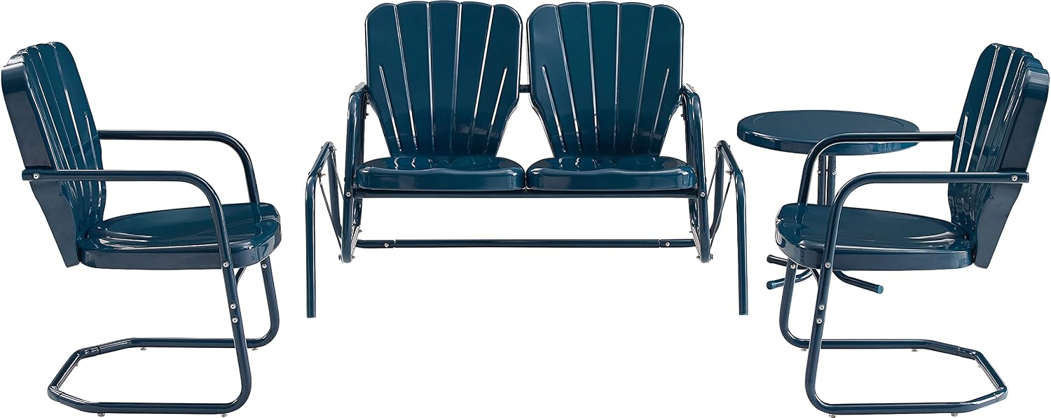 Crosley Furniture Ridgeland 4-Piece Retro Metal Outdoor Loveseat Glider Patio Furniture Set for Porch, Deck, Navy Gloss