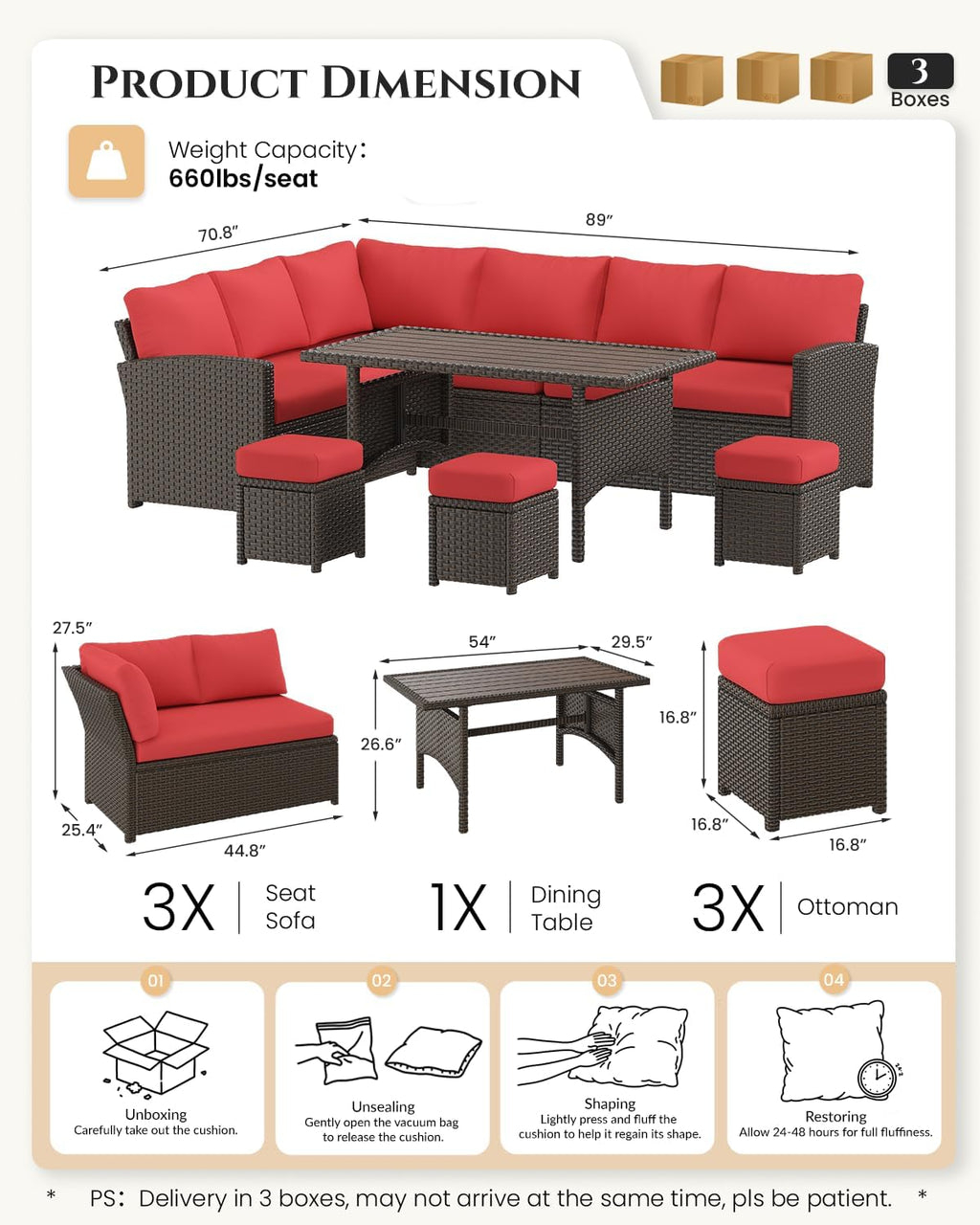 U-MAX 7 Pieces Patio Furniture Set, Outdoor Sectional Sofa Conversation Set, All Weather Wicker Rattan Dining Table & Chair with Ottoman, Brown Rattan&Red Cushion