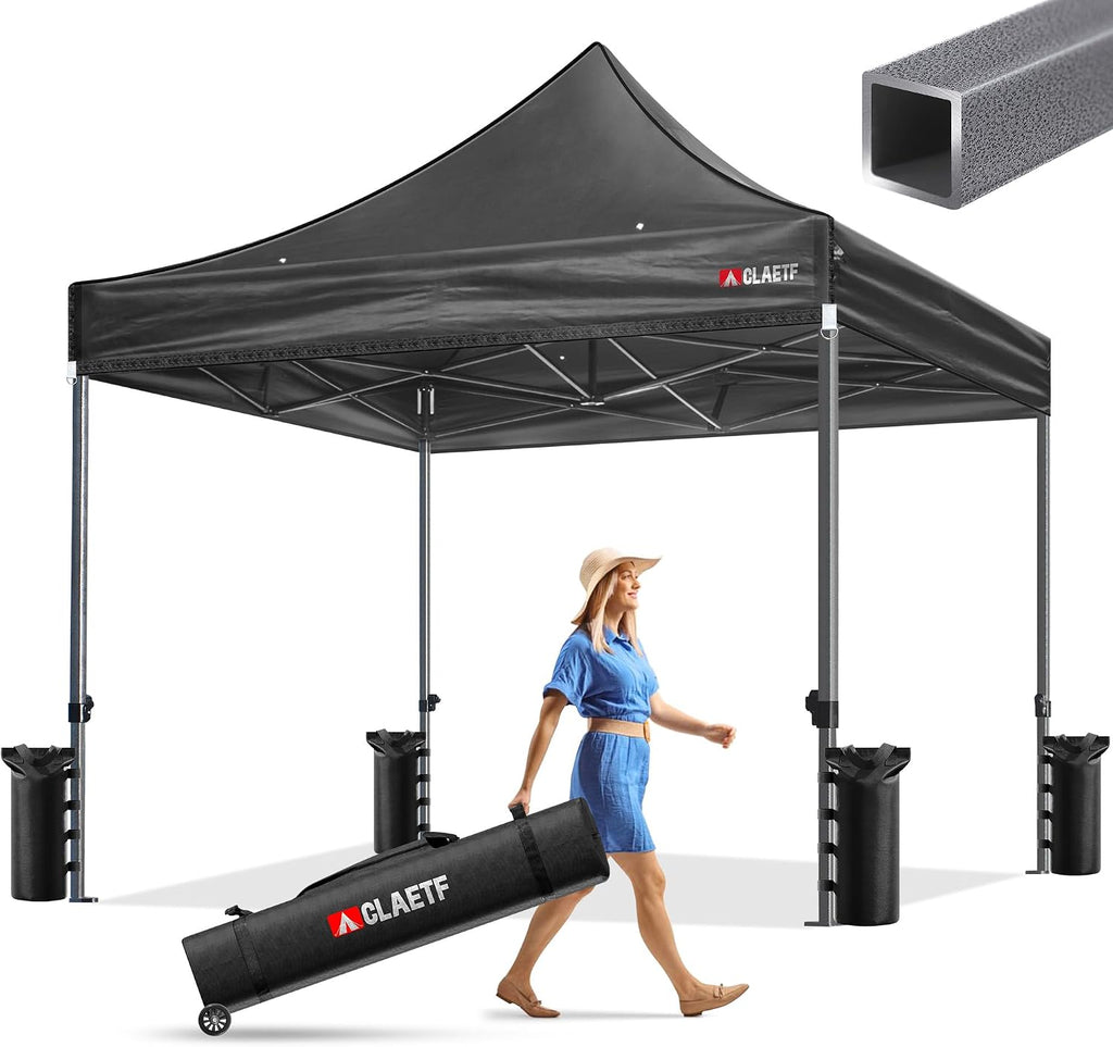 Heavy Duty Pop Up Canopy Tent-8 Drainage Holes,Waterproof & UPF 50+,4 Sandbags,8 Stakes for Commercial,Outdoor Events Instant Set Up,(Black 10x10)
