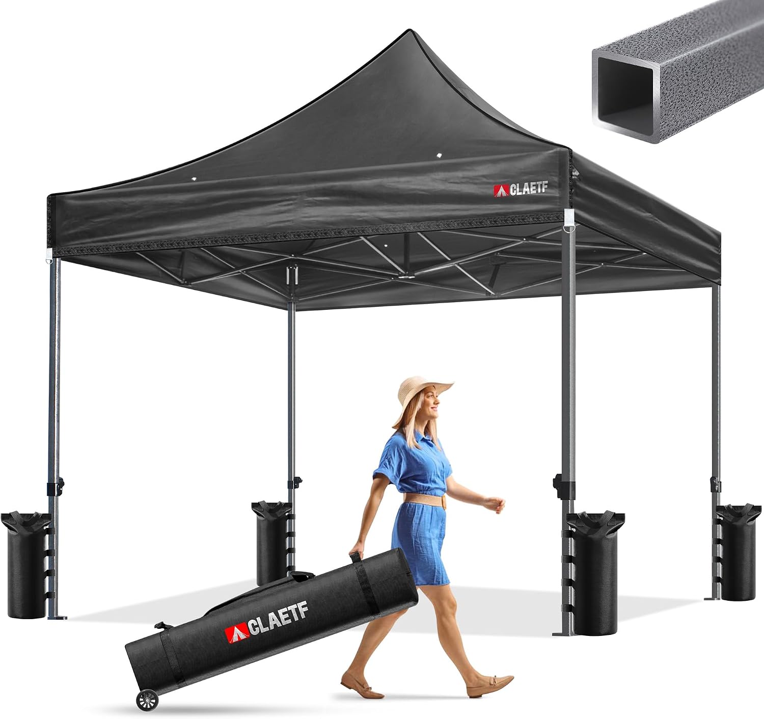 Heavy Duty Pop Up Canopy Tent-8 Drainage Holes,Waterproof & UPF 50+,4 Sandbags,8 Stakes for Commercial,Outdoor Events Instant Set Up,(Black 10x10)