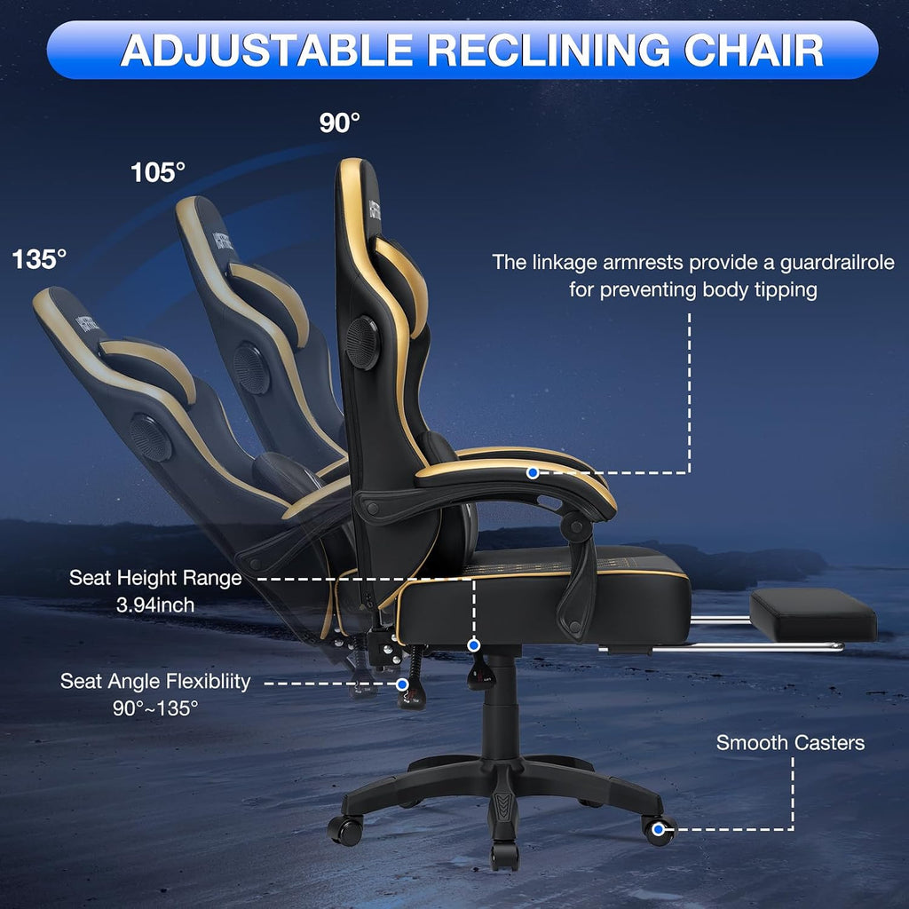 HOFFREE Gaming Chair Computer Chair with Speakers Massage Game Chairs with Footrest Bluetooth High Back Ergonomic Computer Gaming Chairs for Adults Reclining Video Gamer Chair Gold and Black