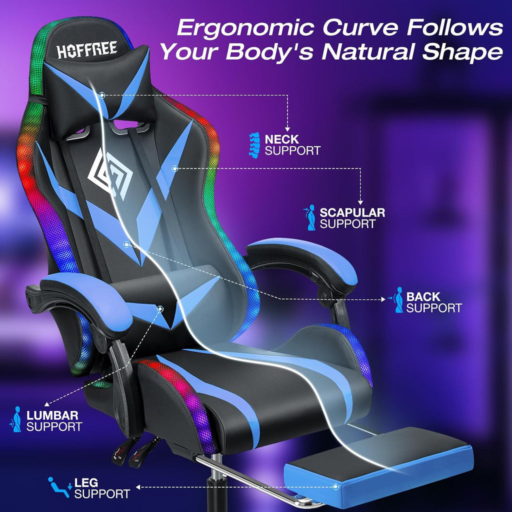 HOFFREE Gaming Chair with LED RGB Lights Massage Video Gamer Chairs with Footrest Ergonomic High Back Reclining Computer Chair with Adjustable Lumbar Support Blue and Black