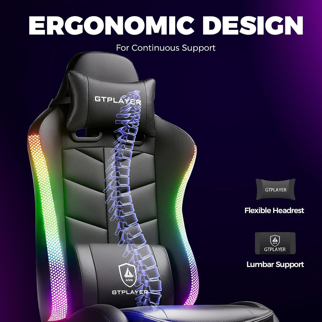 GTPLAYER RGB Gaming Chair with Footrest, Computer Gaming Chair with LED Lights for Adults, Height Adjustable PC Gamer Chair with 90-155° Recline & Removable Headrest Lumbar Support, RGB Black