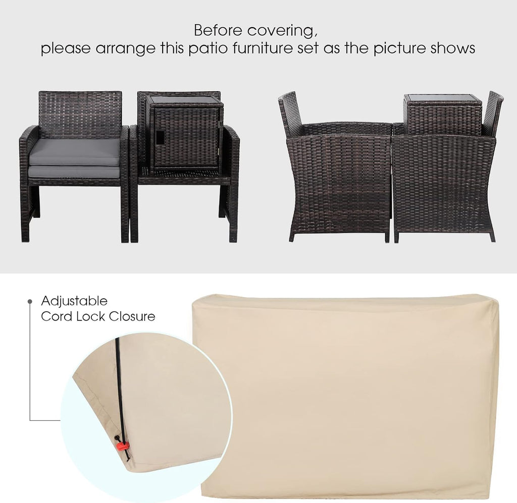 Tangkula 3 Pieces Outdoor Wicker Conversation Set with Waterproof Cover, 2 Patio PE Rattan Cushioned Chairs with Side Storage Table, Suitable for Front Porch, Balcony, Garden, Poolside and Yard (Grey)