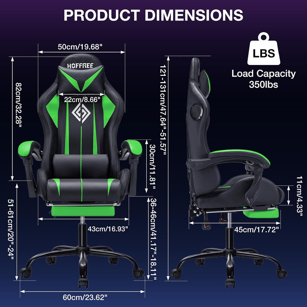 HOFFREE RGB Gaming Chair with Speakers Massage Computer Gaming Chair with LED Lights and Footrest High Back Video Game Chair for Adults Green and Black