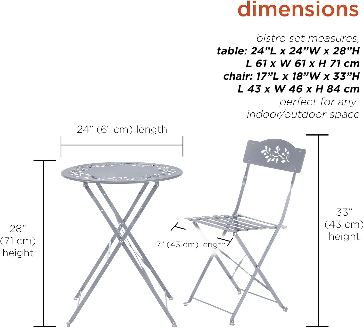 Alpine Corporation Indoor/Outdoor 3-Piece Bistro Set Folding Table and Chairs Patio Seating, Gray