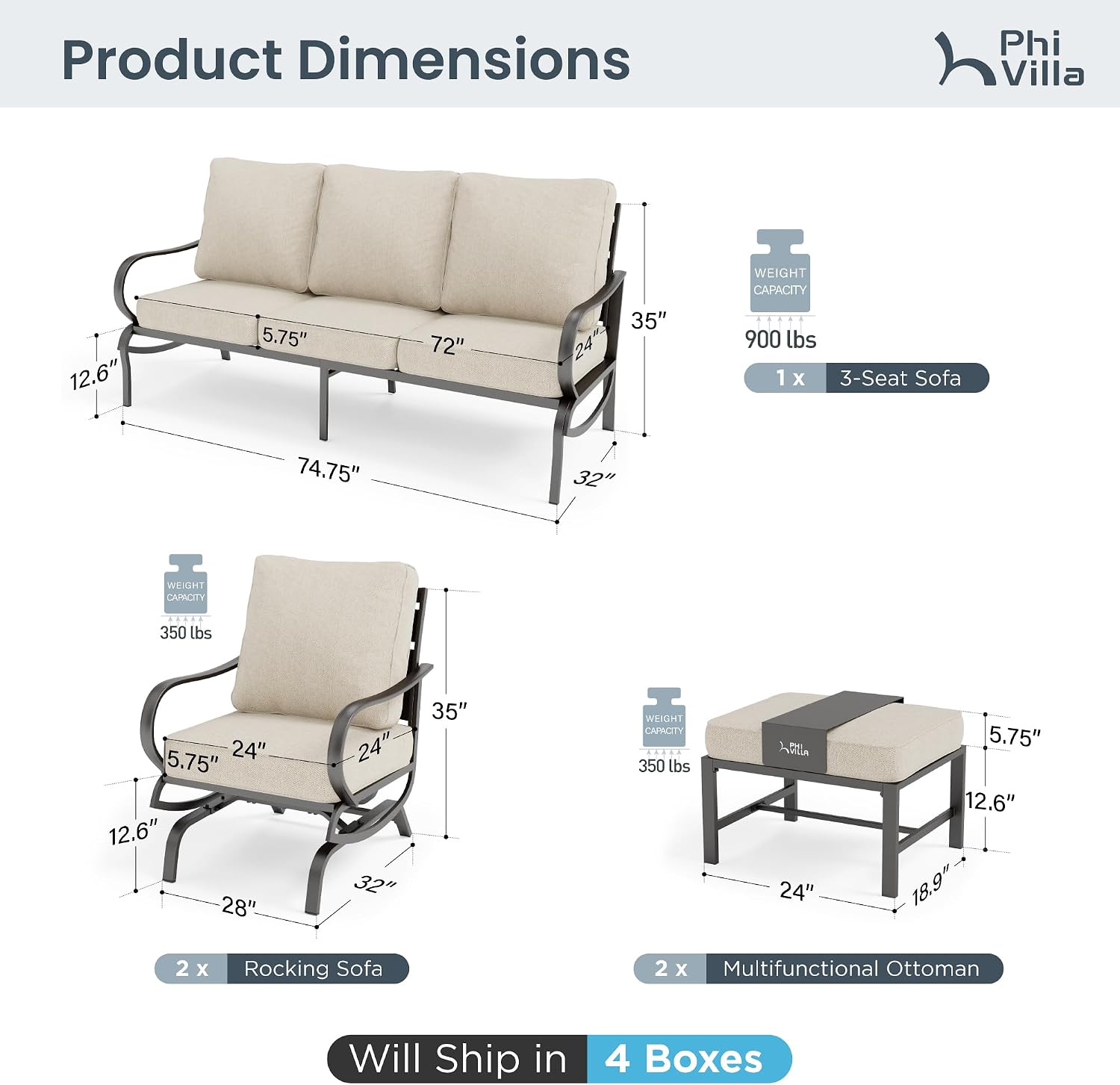 PHI VILLA 5 Pcs Patio Furniture Set with 1 x 72 Padded Deep Seating Bench Sofa, 2 x Cushioned C-Base Sofa Chairs and 2 x Metal Cushioned Ottoman, Outdoor Deluxe Furniture Patio Set for Backyard