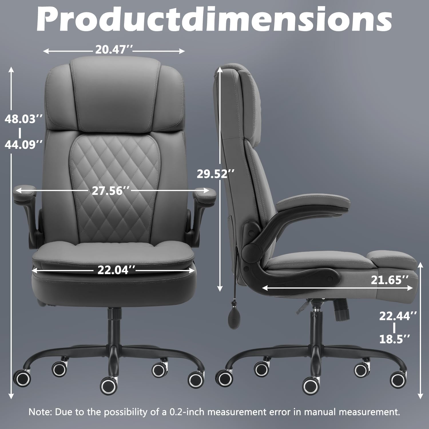 450 LBS Big and Tall Executive Office Chair with Flip up Arm, Heavy Duty Leather Computer Desk Chair,Comfortable High Back Swivel Home Office Chair with Rolling for Adults (Gray)