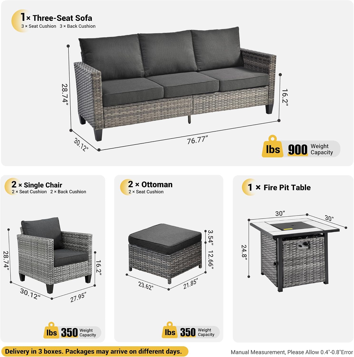 ovios 6 Pieces Patio Furniture Set with 30' Fire Pit Table, Outdoor Wicker Sofa with Comfy Cushions, All Weather High Back Rattan Couch Conversation Set, Black
