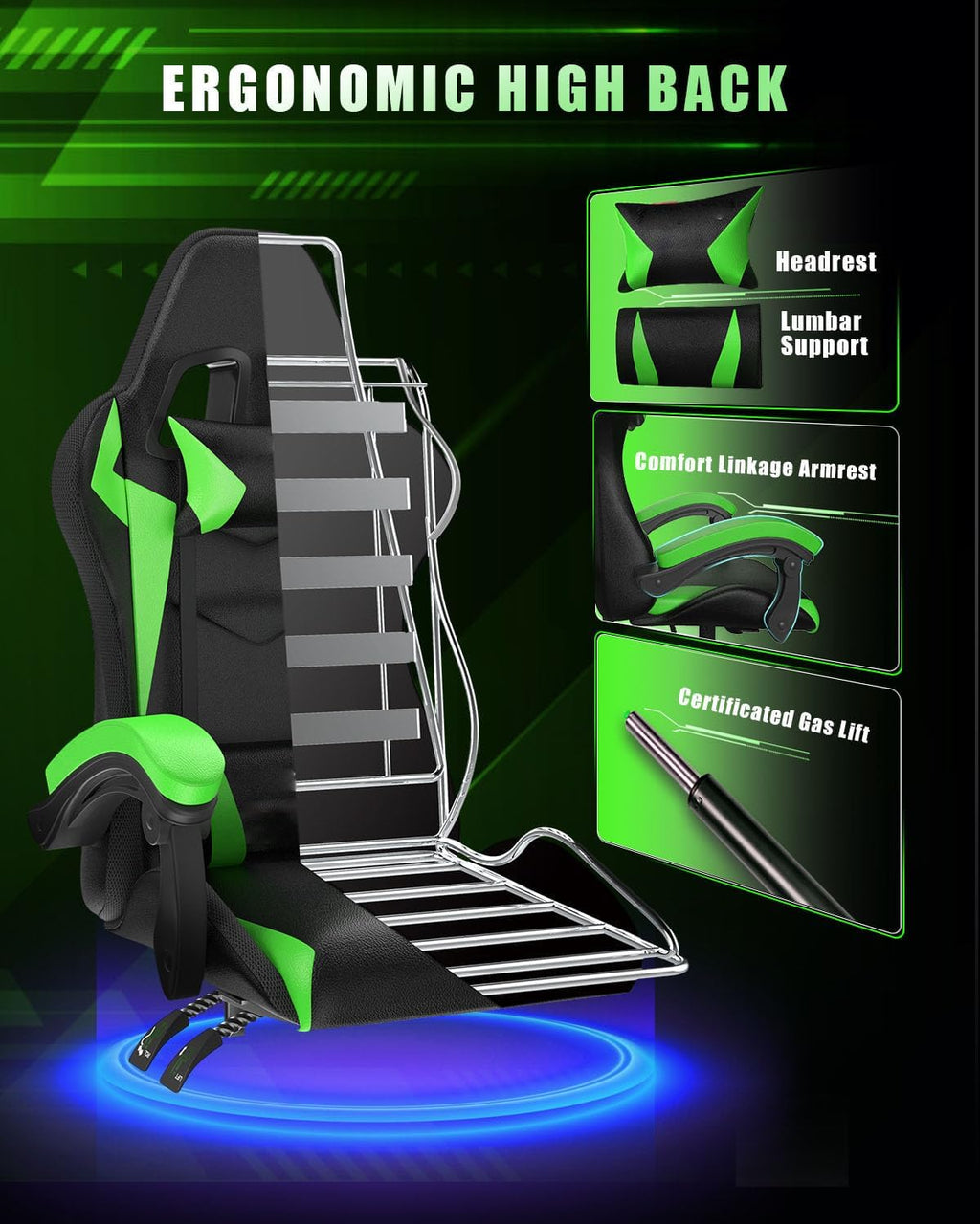 Racingreat Gaming Chair with RGB LED Lights, Ergonomic Computer Chair with Headrest and Lumbar Support, PU Leather High Back Height Adjustable Swivel Video Game Chairs for Adults(Green)