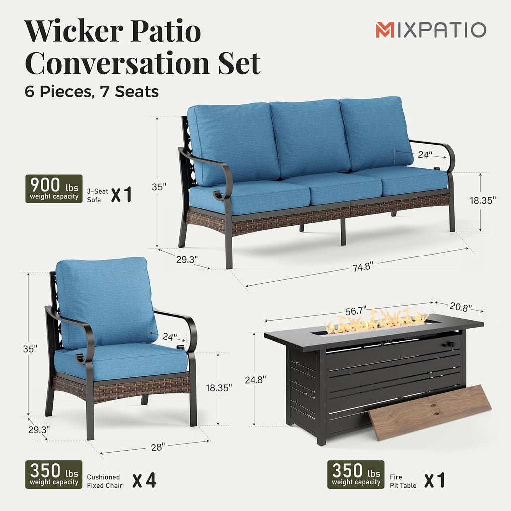 MIXPATIO Patio Furniture Set with Fire Pit Table, 4 PCS Metal Outdoor Conversation Set with 5.75'' Extra Thick Cushion, 2 Chairs, 3-Seat Sofa and Gas Fire Pit Table, Navy Blue