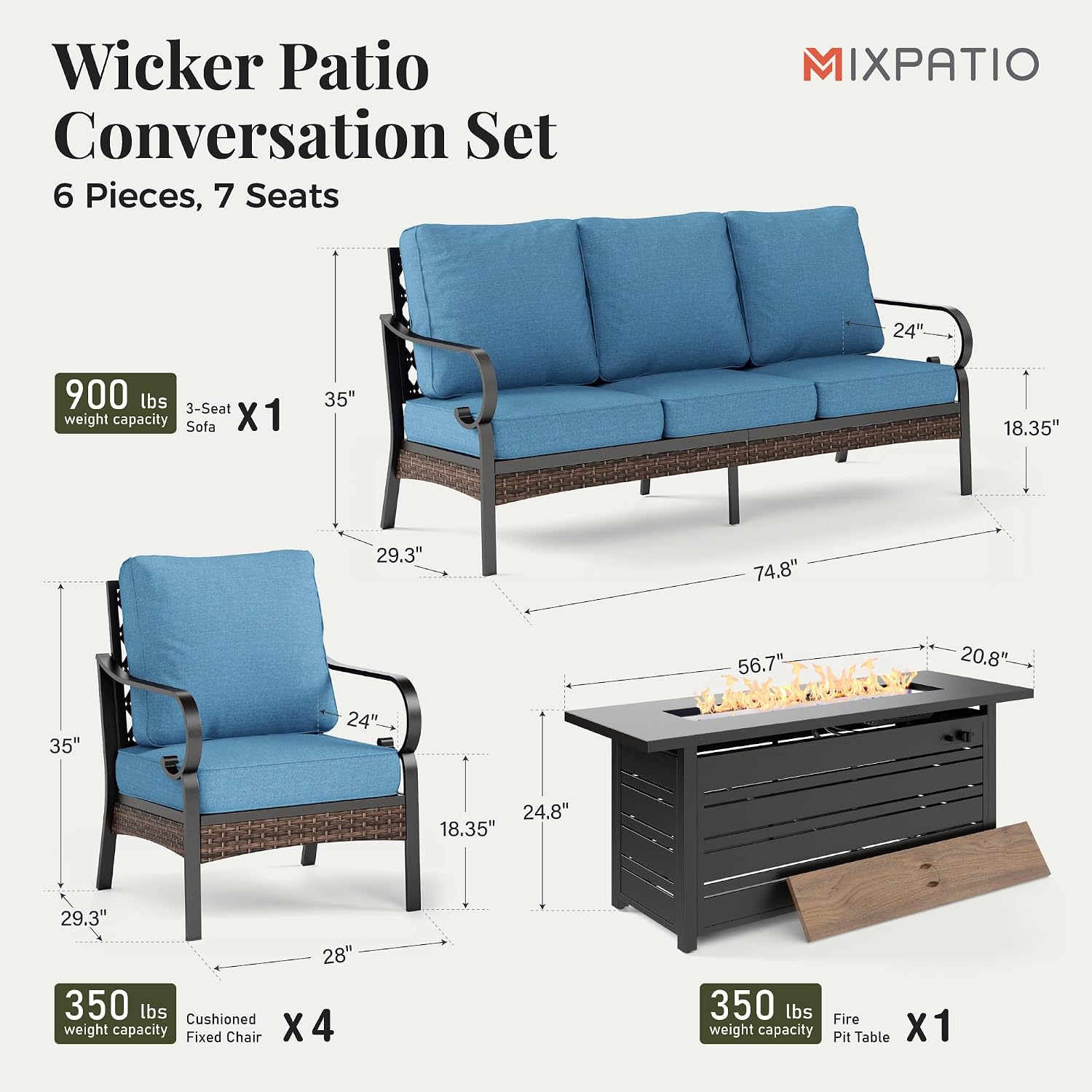 MIXPATIO Patio Furniture Set with Fire Pit Table, 4 PCS Metal Outdoor Conversation Set with 5.75'' Extra Thick Cushion, 2 Chairs, 3-Seat Sofa and Gas Fire Pit Table, Navy Blue