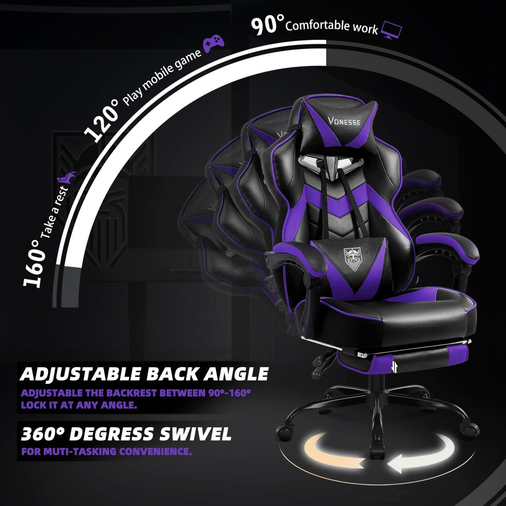Vonesse Gaming Chair, High Back Gaming Chair with Footrest and Massage, Gaming Chairs for Adults with Pocket Spring Cushion, Big and Tall Reclining Computer Chair with Lumbar Support (Purple/Black)