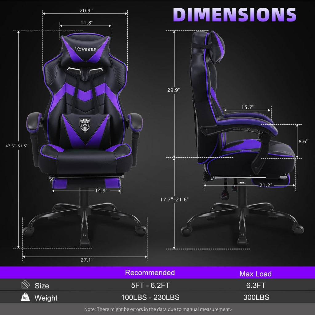 Vonesse Gaming Chair, High Back Gaming Chair with Footrest and Massage, Gaming Chairs for Adults with Pocket Spring Cushion, Big and Tall Reclining Computer Chair with Lumbar Support (Purple/Black)