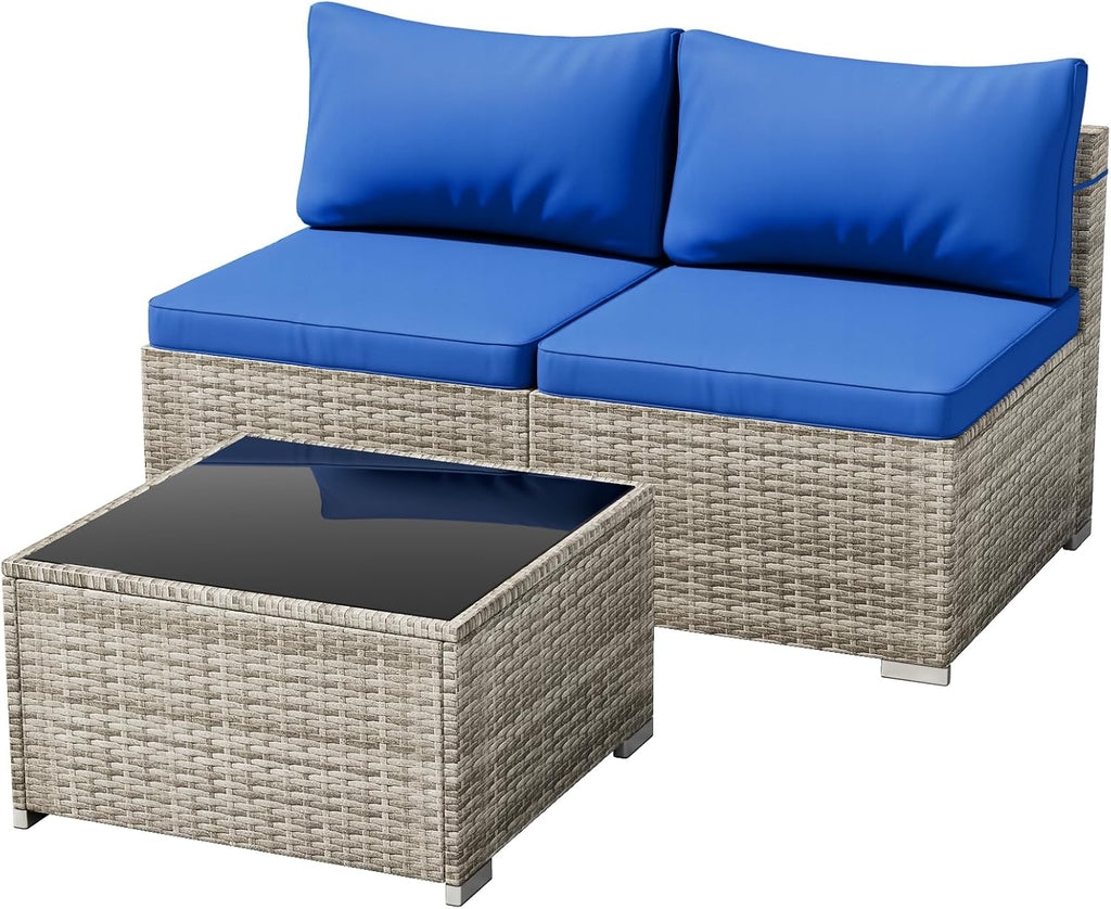 Tradare 3 Piece Patio Furniture Set, Outdoor Wicker Patio Sofa Set, PE Rattan Sectional Couch with Glass Table and Blue Cushions, All-Weather 3 Piece Outdoor Patio Furniture Sets, Grey