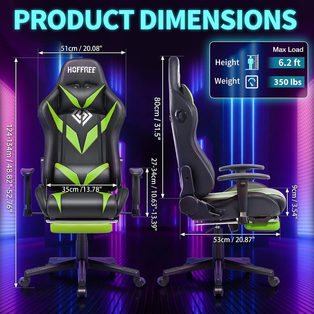 HOFFREE Gaming Chair with Bluetooth Speakers and Led Lights Massage Video Game Chair with Footrest Reclining High Back Computer Gamer Chair Green and Black